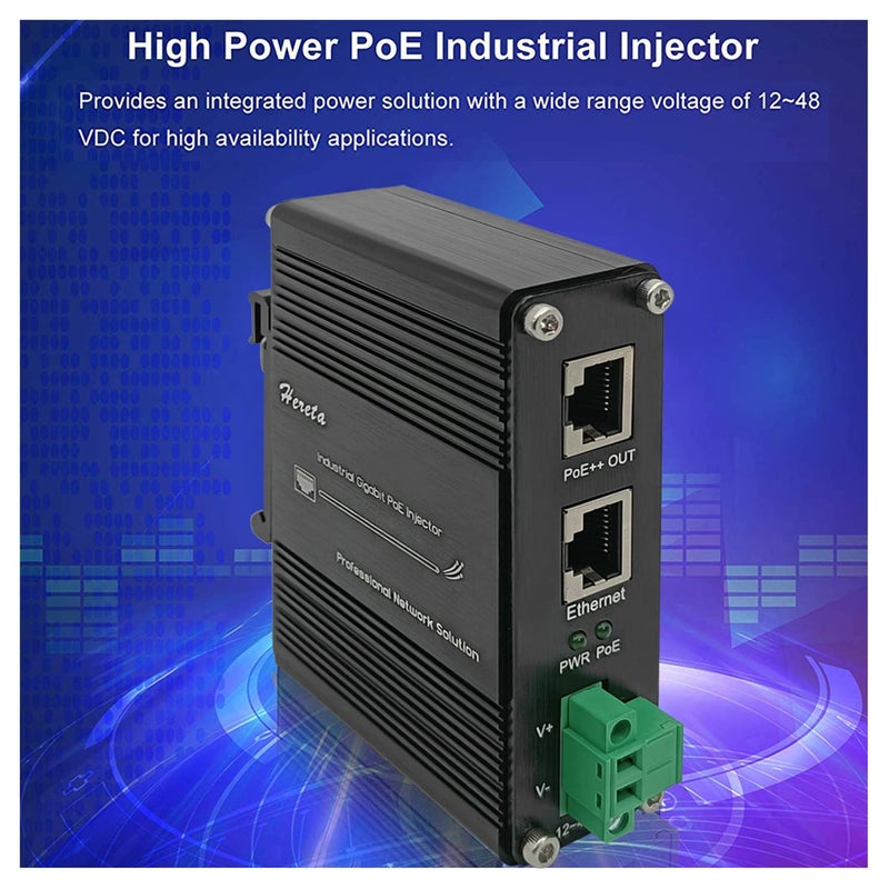 Hereta Hardened Industrial Gigabit PoE++ Injector 12-48VDC Input with DIN-Rail and Wall Mount Connecting The IEEE 802.3 bt PoE Device (95W) - Image 5